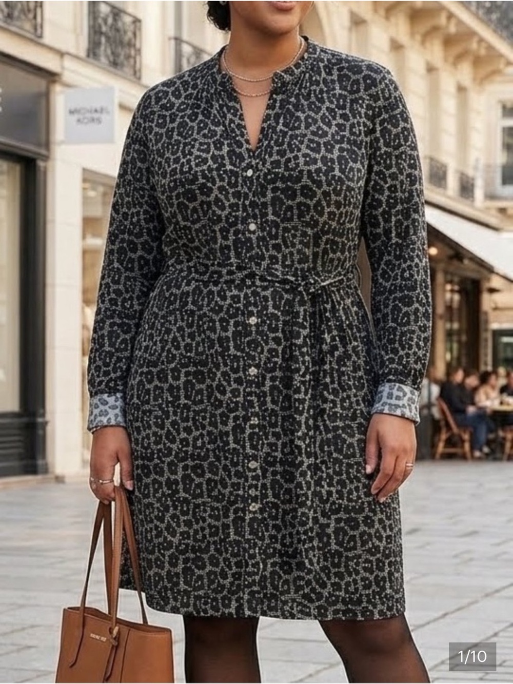 MICHAEL Michael Kors Black and Gray Leopard-Print Long Sleeve Shirt Dress